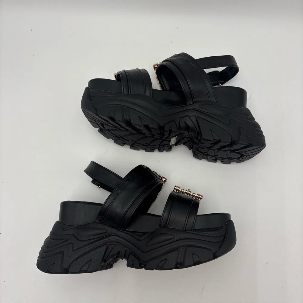 Elegant‎ Black Platform Sandals with Pearl Details